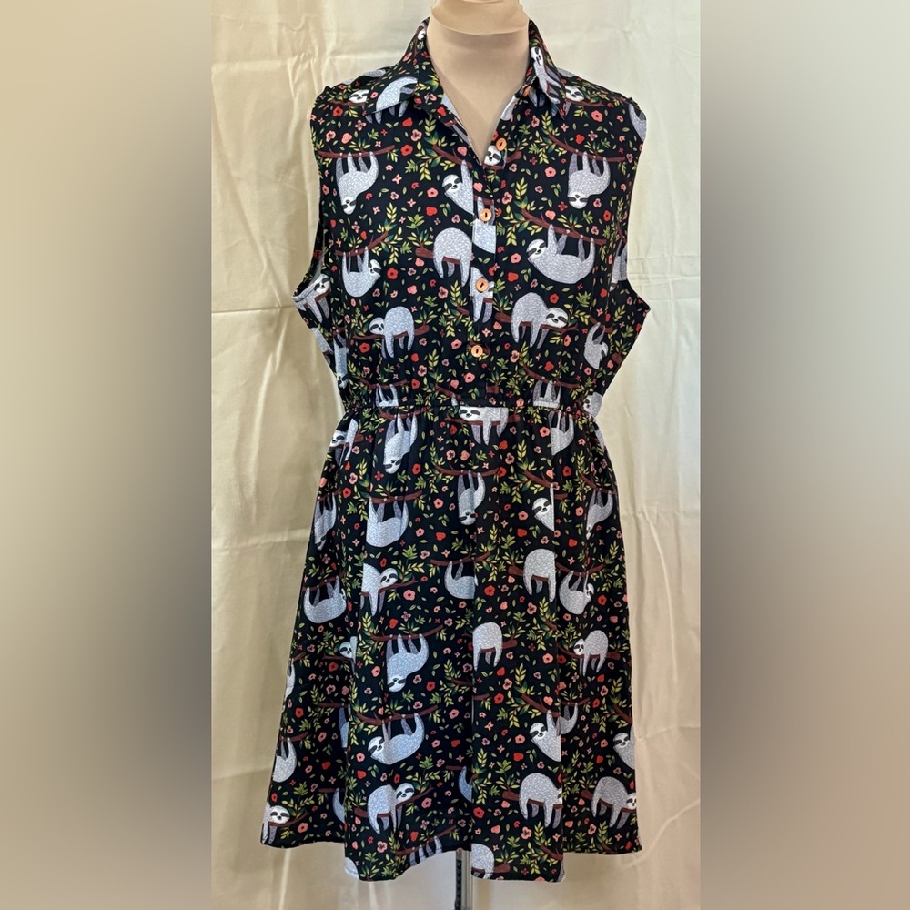 Black Sloth Print Dress With Collar